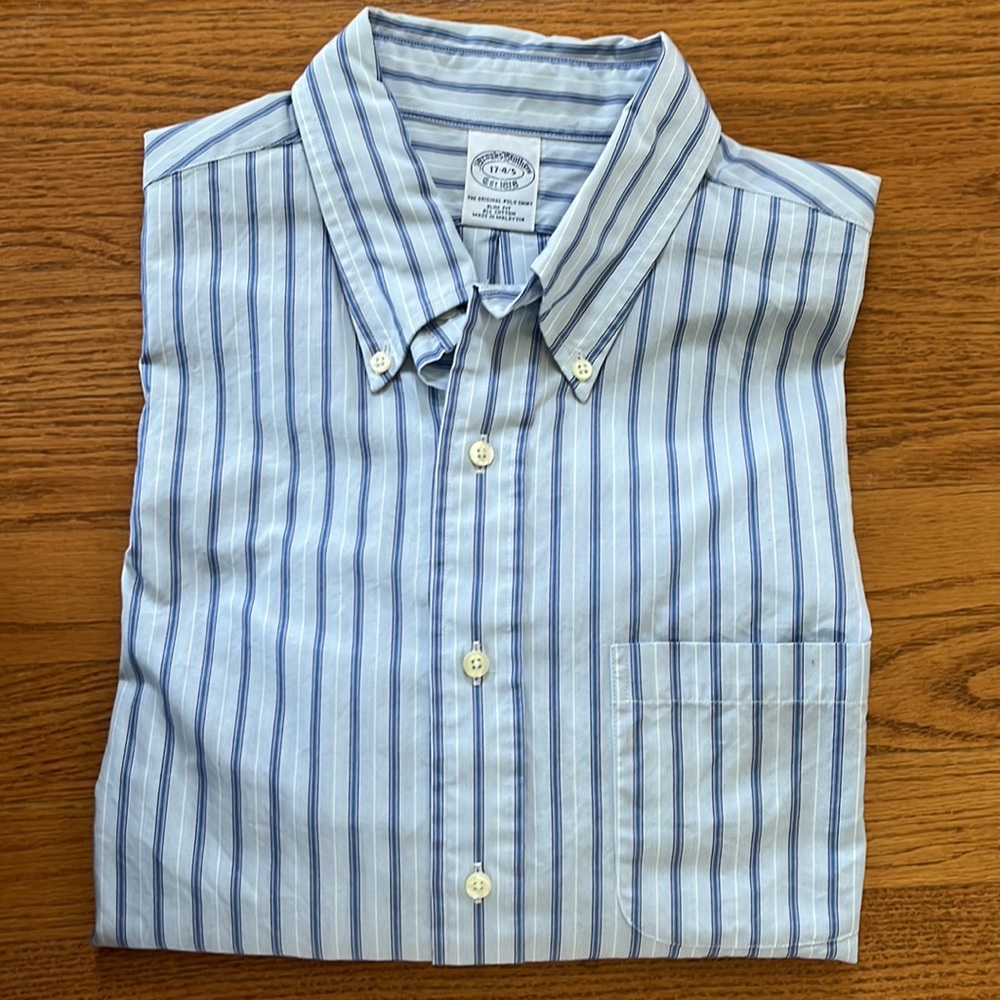 Brooks Brothers Mens 17 34/35 Original Polo Slim Fit Shirt Blue Striped